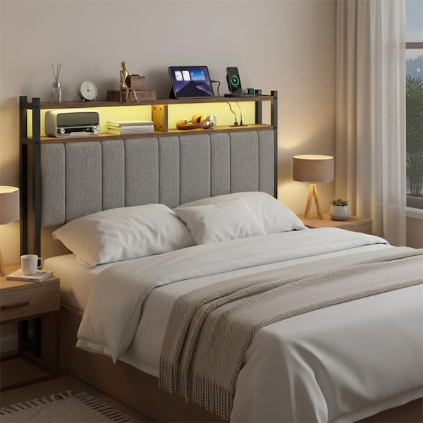 Gray King Linen Upholstered Storage Headboard LED Headboard with Charging Station