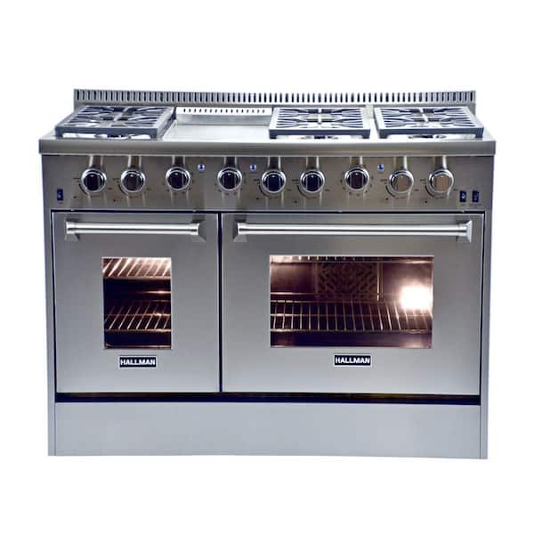 Hallman 48 in. 6.7 cu. ft. Professional Convection Gas Range Double Oven with Two Ovens in Stainless Steel (Liquid Propane)