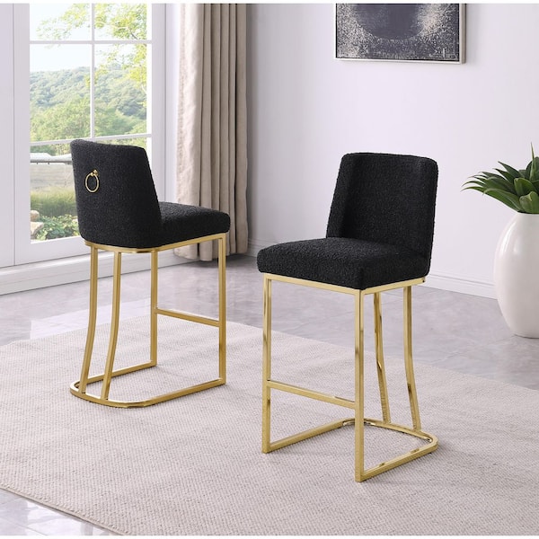 Raven Black Boucle Fabric Counter Height Stool (Set of 2) With Gold Chrome Legs
