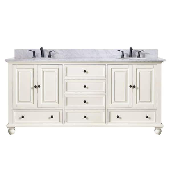 Avanity Thompson 73 in. W x 22 in. D x 35 in. H Vanity in French White with Marble Vanity Top in Carrera White with Basin