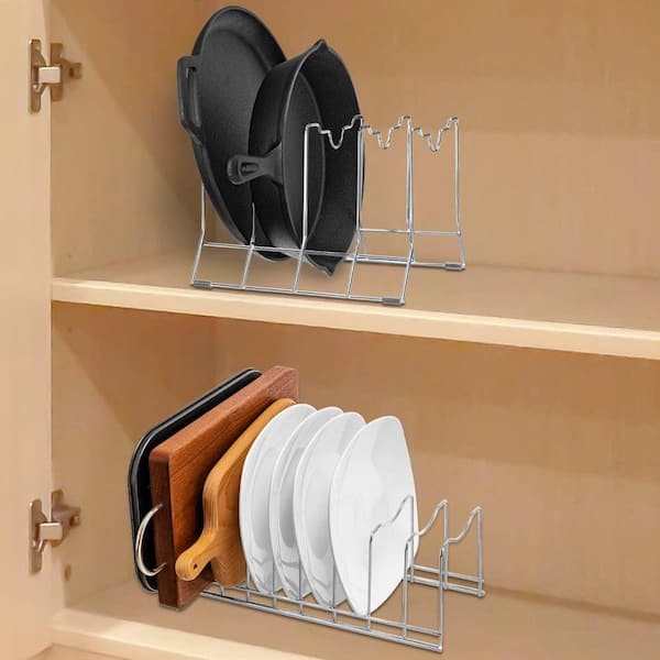 Stainless Steel Pot Lid Drawer Organizer with Rack Holder for Pot Lids, Cutting Boards and Baking Sheets, Silver(1-Pack)