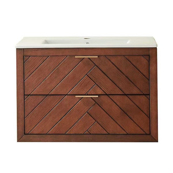 30 in. Solid Wood Wall Mounted Walnut Bath Vanity with White Ceramic Top, Single Sink, Fully Assembled