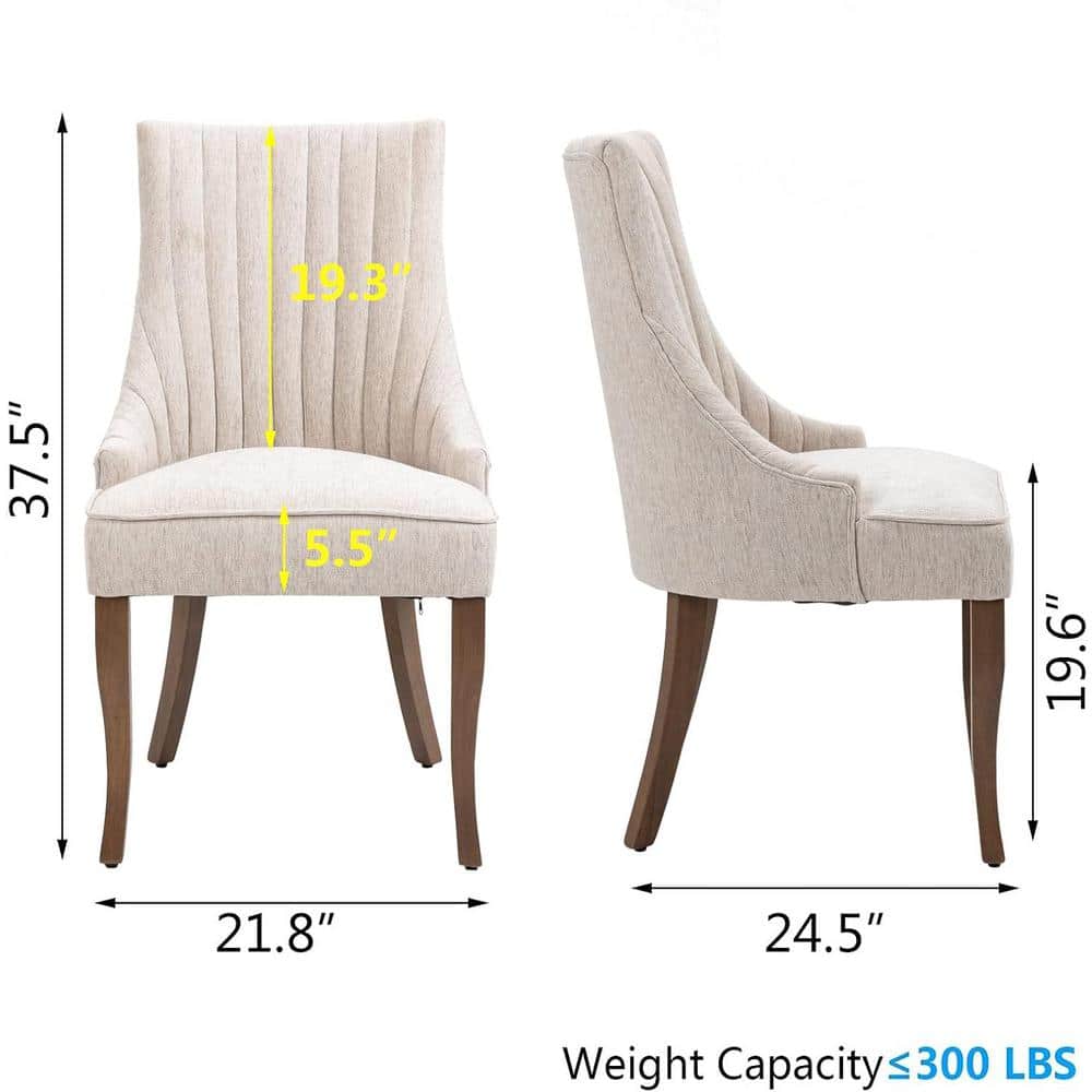 Beige High Back Linen Upholstered Side Chair with Wood Legs