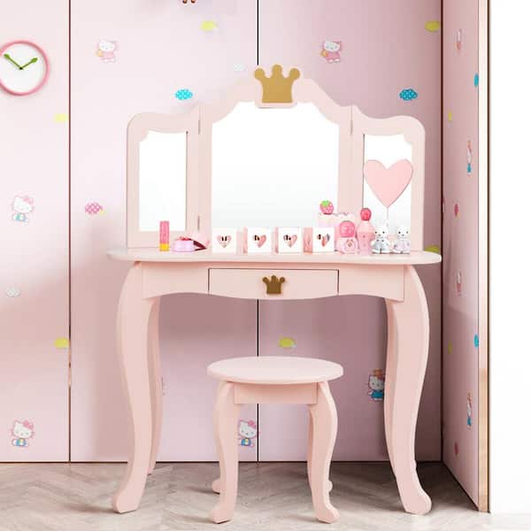 Gymax Kids Makeup Dressing Table Chair, Disney Princess Dresser Heart Mirror Set