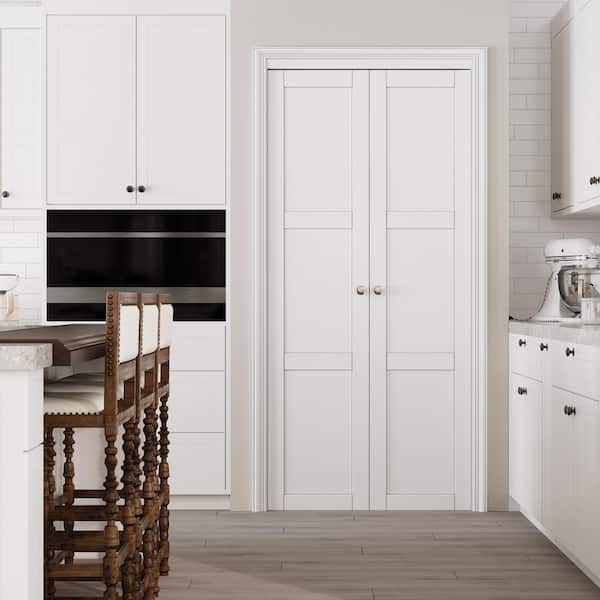 36 in. x 96 in. 3-Lite Solid Core Panel White Primed Composite (Pivot French) Bi-Fold Door with 2-Types of Hardware