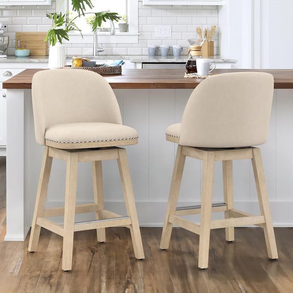 Meliodas 26 in. Linen Fabric Upholstered Solid Wood Brushed Leg Counter Height Swivel Barstool Set of 2