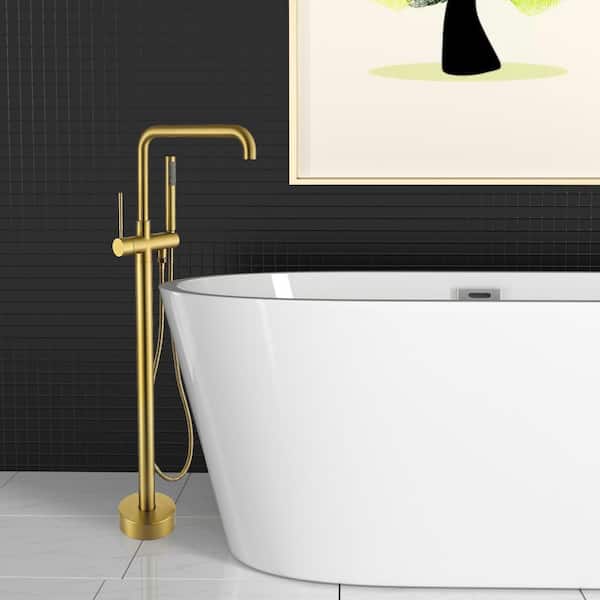 Single-Handle Floor Mounted Freestanding Tub Faucet with Hand Shower in Brushed Brass