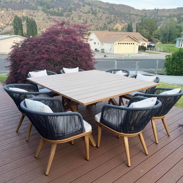 Teak-Finish 9-Piece Wicker Square Aluminum Frame Outdoor Dining Set and Pillows with Beige Cushions