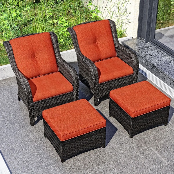 4-Piece Wicker Outdoor Patio Conversation Set with Orange Cushions and Ottoman