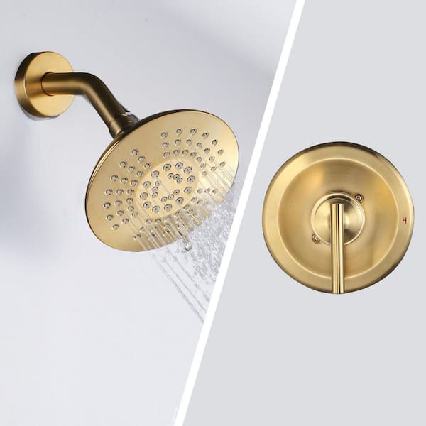 5-Spray Patterns with 1.8 GPM 6 in. Wall Mount Rain Fixed Shower Head with Brass Valve in Brushed Gold
