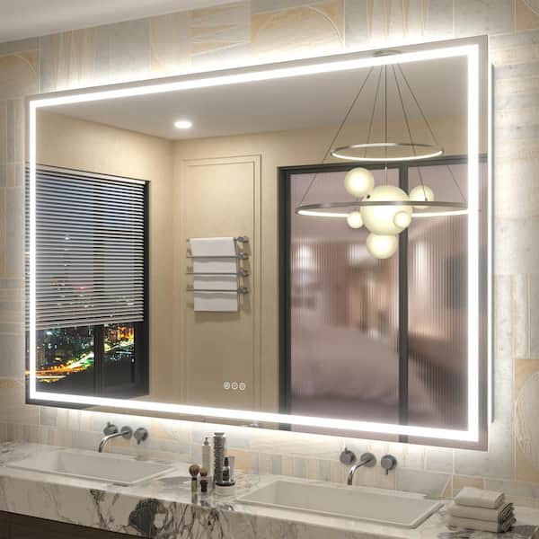 60 in. W x 40 in. H Rectangular Frameless Front & Back LED Lighted Anti-Fog Tempered Glass Wall Bathroom Vanity Mirror