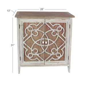 Light Brown Wood 1 Shelf and 2 Door Geometric Cabinet with Carved Relief Overlay