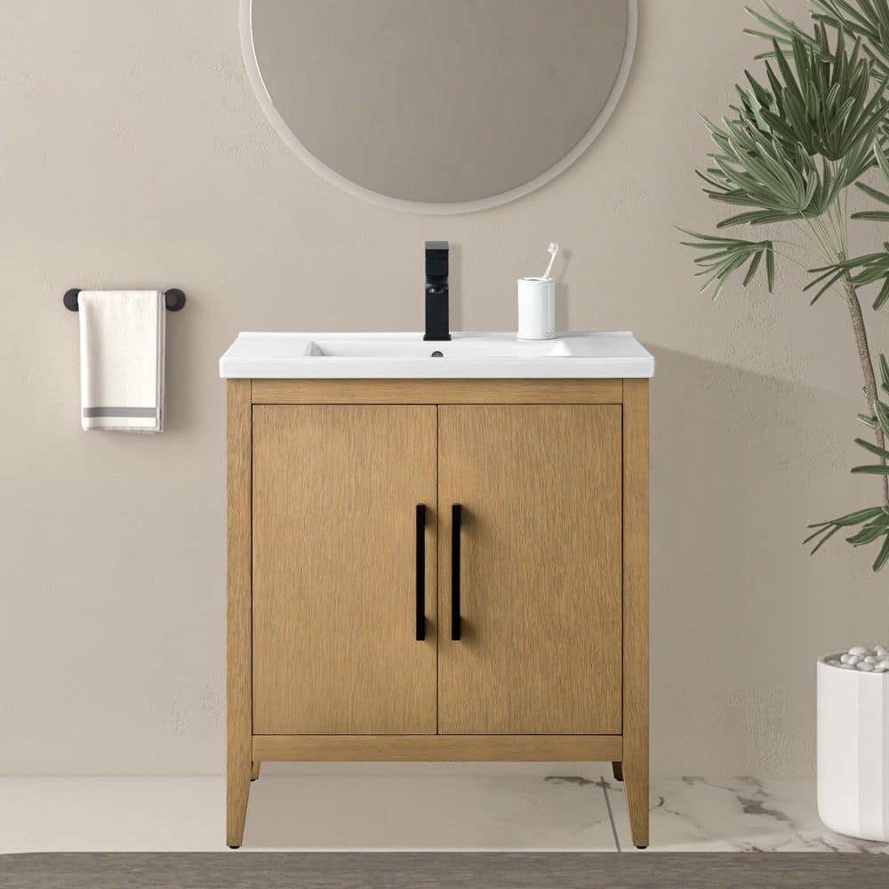 30 in. W x 18.5 in D x 34 in. H Single-Sink Bathroom Vanity Cabinet in Natural Oak with Ceramic Top in White price history on PriceWatchPro