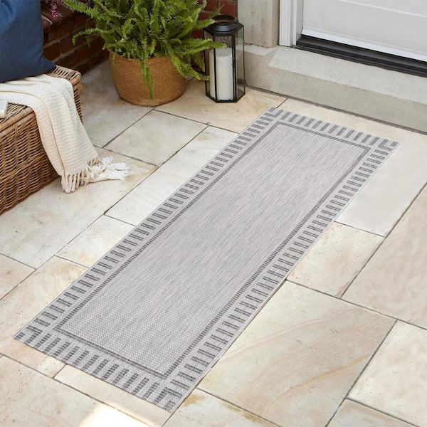 Paseo Kiano Ash/Steel 2 ft. x 6 ft. Striped Border Indoor/Outdoor Runner Rug