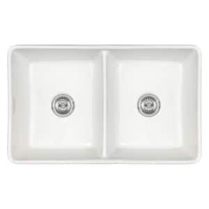 32.87 in. Undermount Double Bowl White Fireclay Kitchen Sink with Strainer Baskets