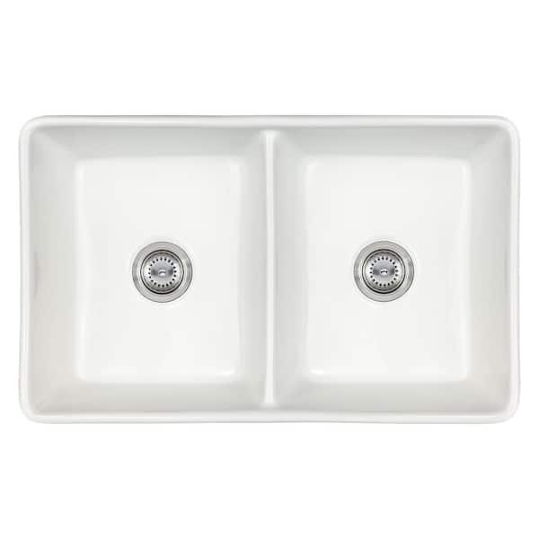 MSI 32.87 in. Undermount Double Bowl White Fireclay Kitchen Sink with Strainer Baskets