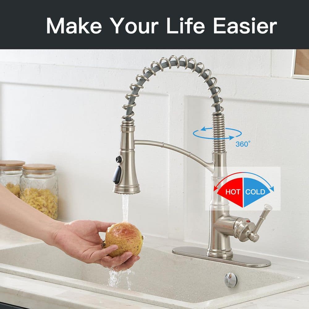 Brushed Nickel Single-Handle Pull-Down Kitchen Faucet with Deck Plate
