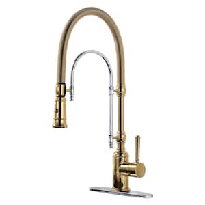 2-Functions Single Handle Gooseneck Pull Down Sprayer Kitchen Faucet with Spring Tube in Solid Brass Chrome and Gold