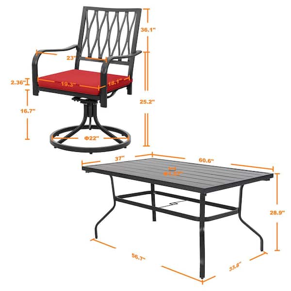 Black 7-Piece Metal Rectangle Outdoor Dining Set with Cushion Patio Furniture Set with Swivel Dining Chair