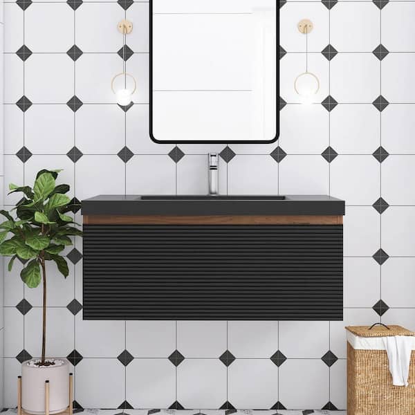 36 in. W x 20 in. D x 16 in. H Single Sink Wall-Mounted Bath Vanity in Mature Oak with Black Resin Top