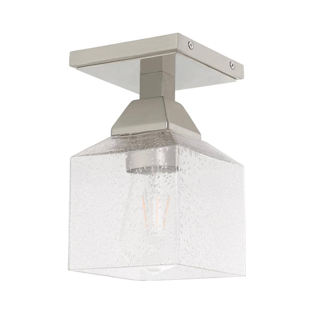 Brushed Nickel 1-Light Flush Mount with Clear Seeded Glass