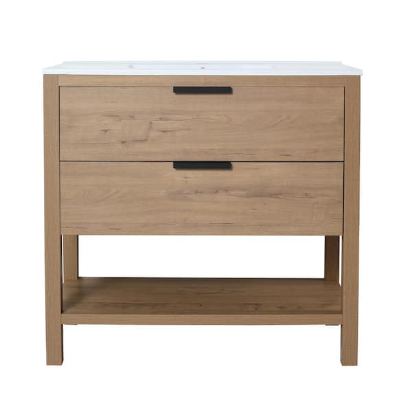 JimsMaison 36 in. W x 18. in D. x 33 in. H Bath Vanity in Imitative Oak with White Resin Top
