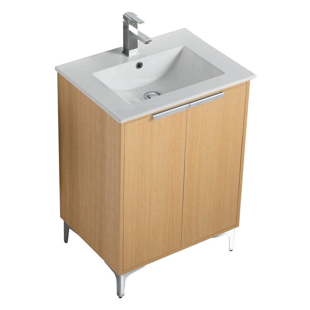 Natural Oak 24" Bathroom Vanity with White Ceramic Sink
