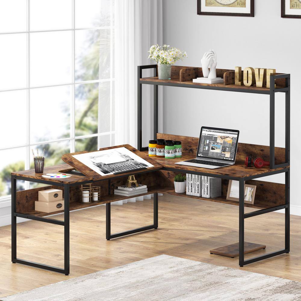 Buy Lanita 65 in. Wide LShaped Brown Wood Computer Desk with Hutch and