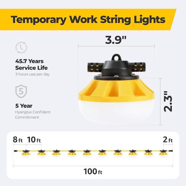 100 ft. 120 Volt LED Construction String Light, 10-Light Linkable Work Light, IP65 Waterproof for Garage Jobsite Attic