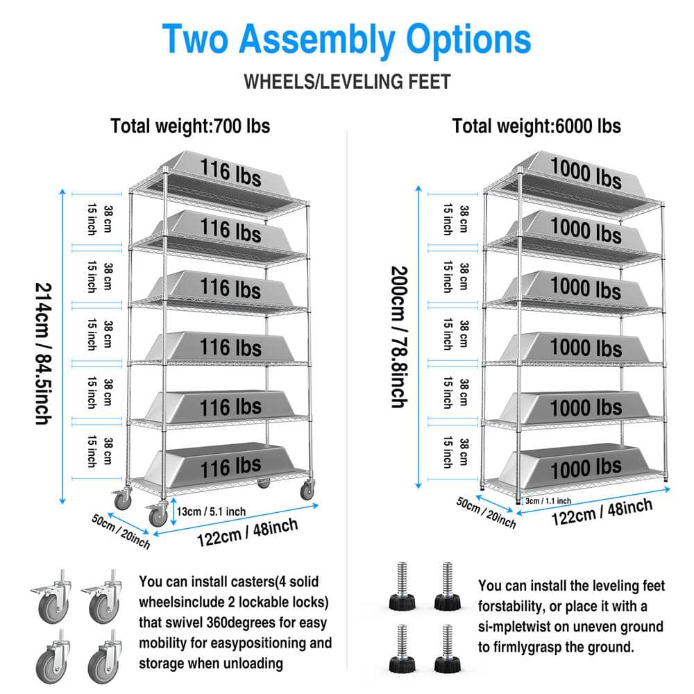 Chrome Heavy-Duty 6-Tier Adjustable Wire Storage Rack with Wheels