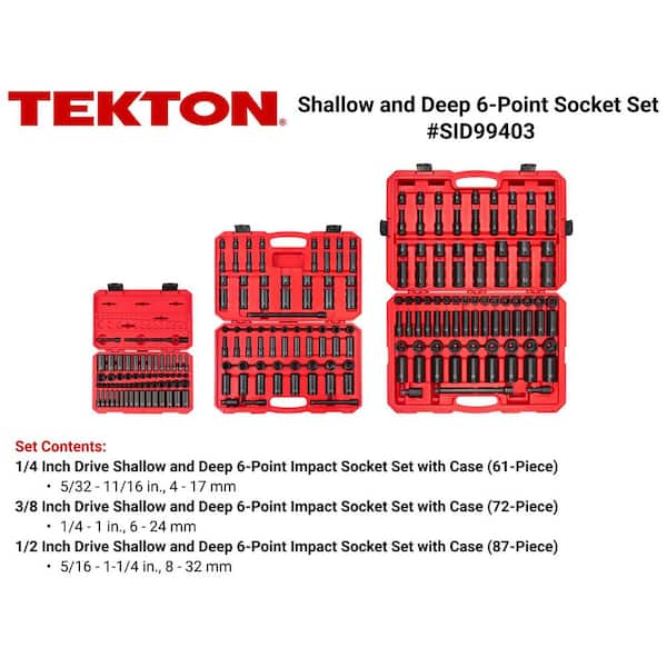 1/4, 3/8, 1/2 in. Drive 6-Point Impact Socket Set with Cases, 220-Piece (5/32-1-1/4 in. 4-32 mm)