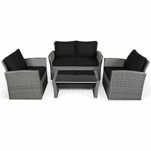 4-Piece Wicker Patio Conversation Set with Black Cushions