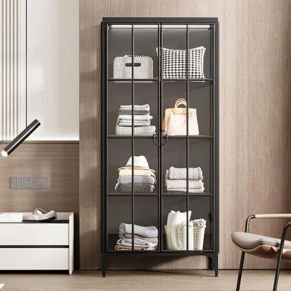 Black 70.9 in. H Wood and Metal Accent Cabinet, Sideboard, Bookcase with 4 Shelves and Glass Door