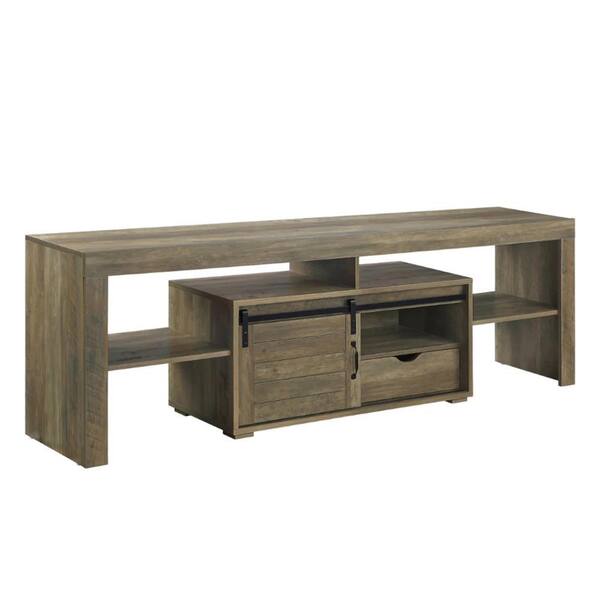 Benjara 79 in. Oak Wood TV Stand Fits TVs up to 85 in. with Sliding Barn Door Cabinets