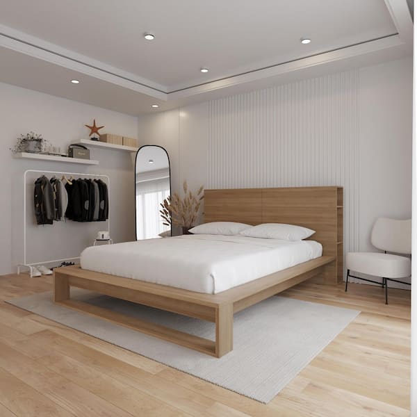 Torino Brown Oak Frame Queen Size Platform Bed with Bookcase Headboard