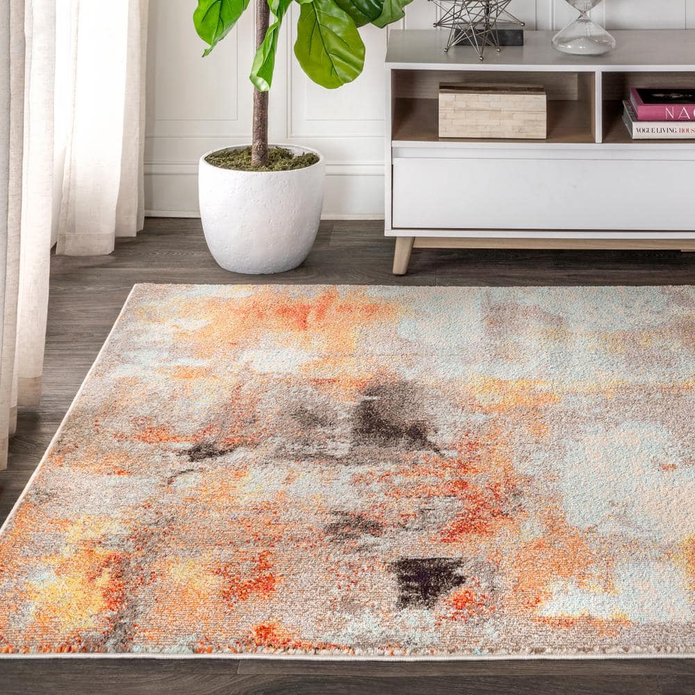 Blue and Orange Abstract Flat Woven Synthetic Area Rug