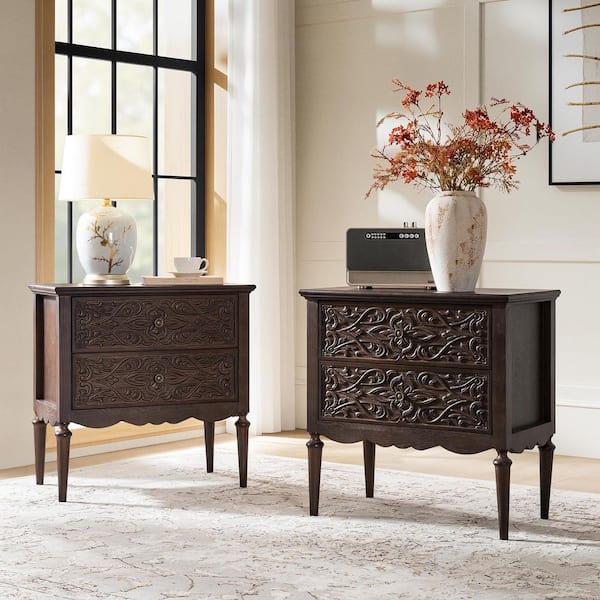 Pascal Walnut 2 Drawers 28 in. W Nightstand (Set of 2) with Solid Wood Legs