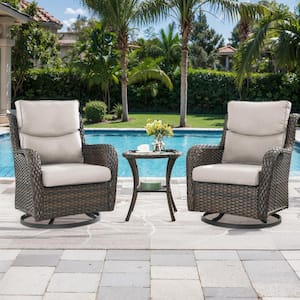 3-Piece Brown Swivel Glider Wicker Outdoor Rocking Chair with Beige Cushions and Side Table