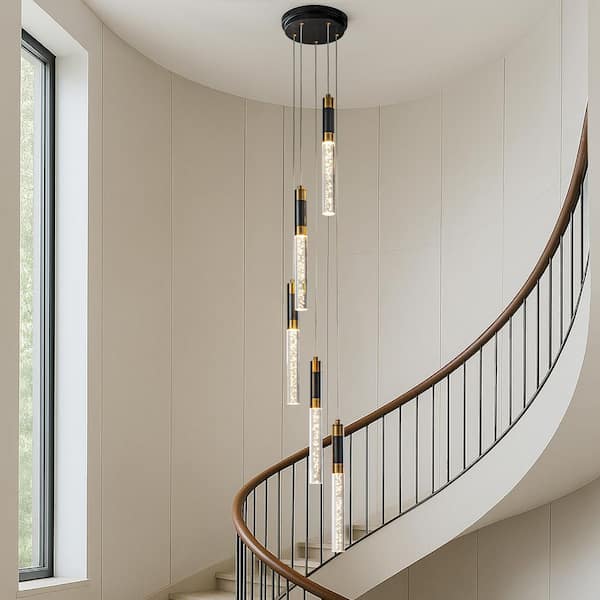 W12'' Modern 5-Light Seeded Bubble Glass Integrated LED Staircase Chandelier Cluster Pendant Light In Black and Brass