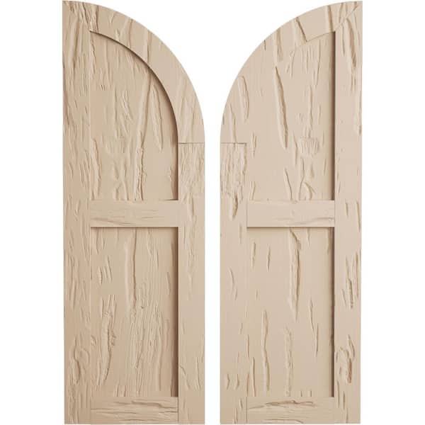 Ekena Millwork 12 in. x 72 in. Polyurethane Pecky Cypress Two Equal Flat Panel w/Quarter Round Arch Top Faux Wood Shutters Primed Tan