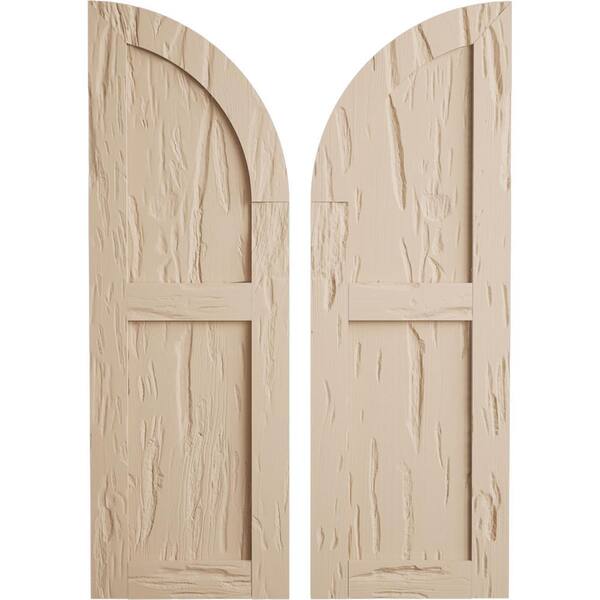 Ekena Millwork 12 in. x 74 in. Polyurethane Pecky Cypress Two Equal Flat Panel w/Quarter Round Arch Top Faux Wood Shutters Primed Tan