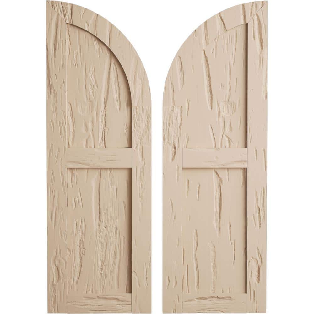 Faux Wood 12 in. x 88 in. 2 Equal Flat Panel Quarter Round Arch Top Polyurethane Shutters Primed Tan in Pecky Cypress price history on PriceWatchPro