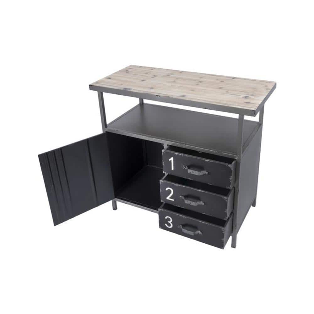 Gray Industrial Metal Cabinet with Wood Top and Drawers