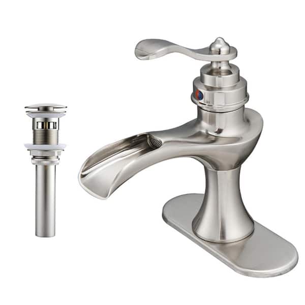 PERLIRIA INC Waterfall Single Hole Single-Handle Bathroom Sink Faucet with Pop-up Drain Assembly and Escutcheon in Brushed Nickel