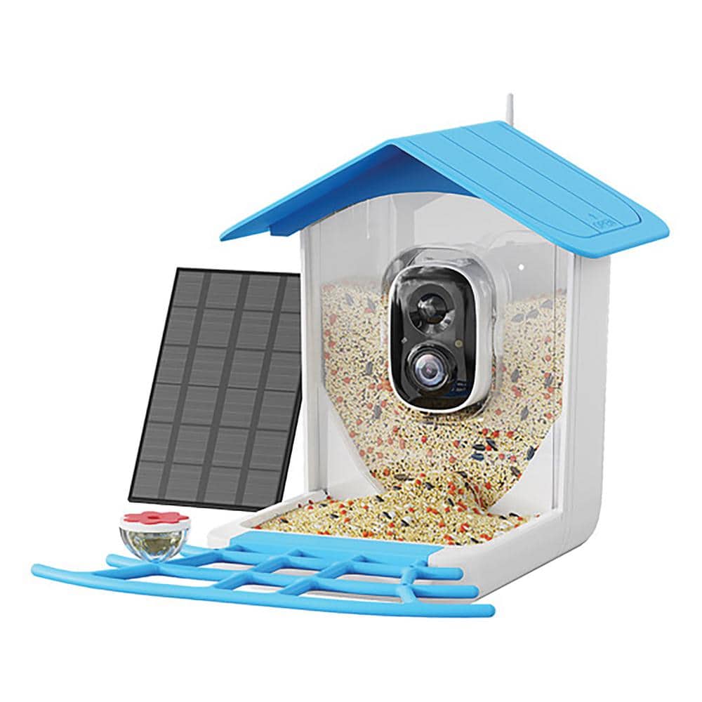 Sky Blue Canopy Plastic Squirrel-Resistant Platform Bird Feeder with Camera
