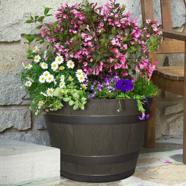 6pc Wooden Barrel Planter Rustic Flower Plant Pots In/Outdoor Garden Patio Decor 