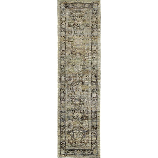 AVERLEY HOME Athena Green/Brown 2 ft. x 12 ft. Distressed Border Runner Rug