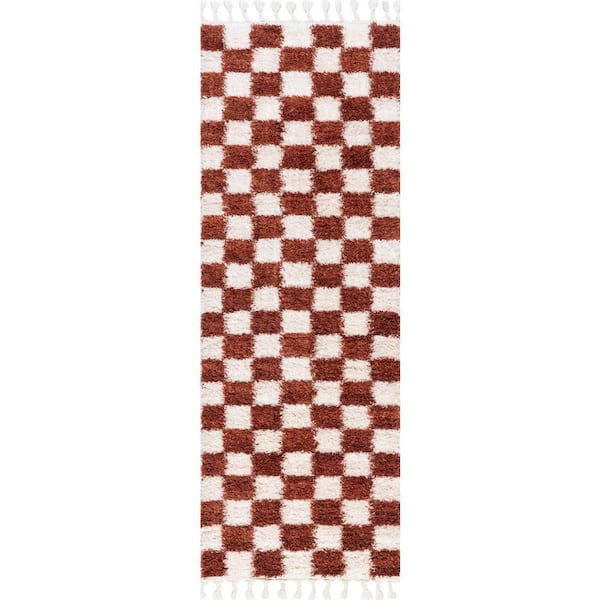 3 ft. x 12 ft. Red Nell Retro Checkerboard Tasseled Indoor Runner Rug