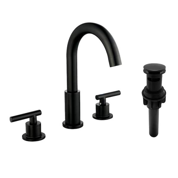 AIMADI 8 in. Widespread Double Handle Bathroom Faucet with Drain Assembly Modern 3-Hole Brass Bathroom Sink Taps in Matte Black