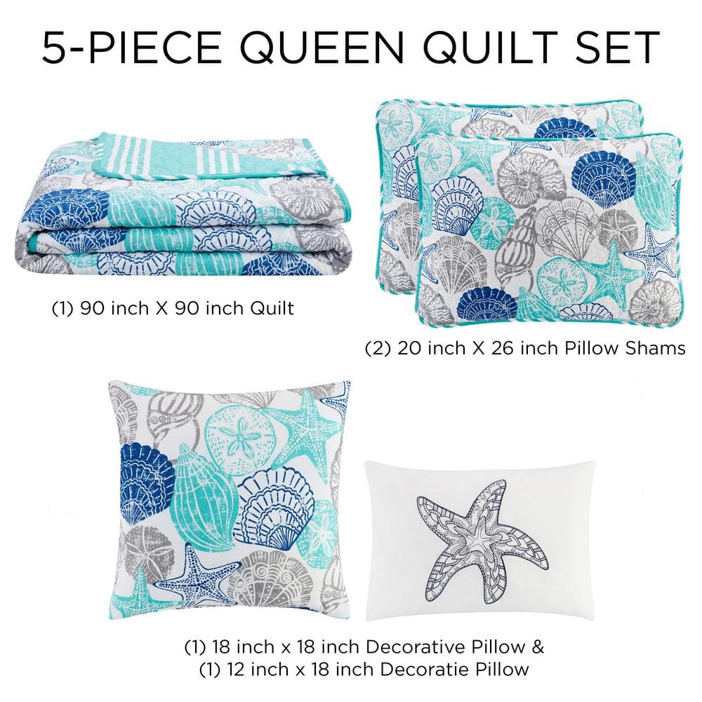 King Size Blue Microfiber Reversible Coastal Quilt Set